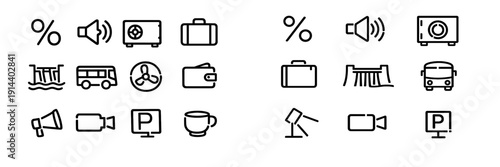 Set of minimalist black line icons representing business travel and everyday objects on a white background for web design and interface