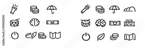 Minimalist black line icons set featuring flashlight coins umbrella brain drum level tool power button leaf and map