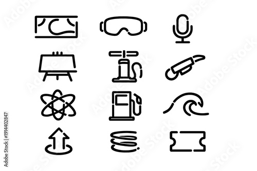 Minimalist black line icons set featuring microphone gas pump atom wave ticket and easel on white background