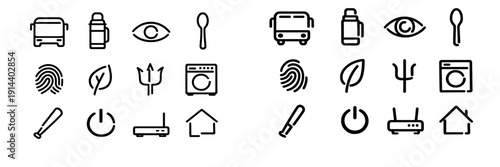 Minimalist black line icons representing various everyday objects and symbols including transportation technology nature and household items