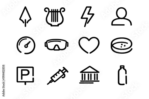 Collection of minimalist black line icons including heart syringe lightning bolt harp temple parking sign and water bottle on white