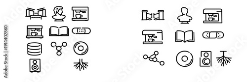 Set of minimalist black line icons featuring coffee machine book bandage molecule speaker and tree roots on white background