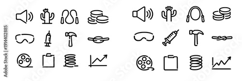 Minimalist line icons including speaker cactus jump rope coins goggles syringe hammer chain film reel clipboard spring and line graph