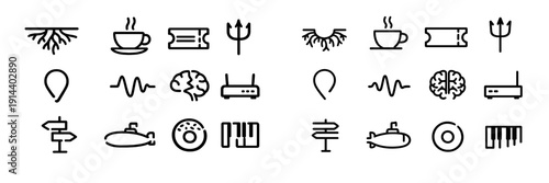 Minimalist line art icons set with roots coffee ticket trident brain router and submarine symbols