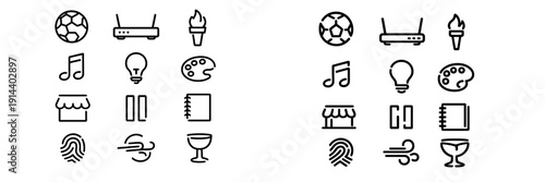 Black line icons featuring soccer ball router torch music note light bulb paint palette shop pause notebook fingerprint wind and trophy