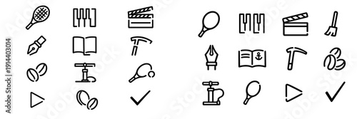 Collection of minimalist line icons representing sports music cinema writing literature tools and coffee on white background