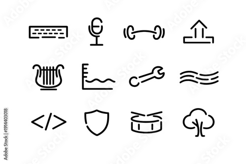 Collection of minimalist black line icons including keyboard microphone barbell upload harp graph wrench waves code shield drum and tree