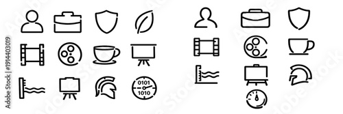 Collection of minimalist black line icons representing business security nature media and education symbols on white background