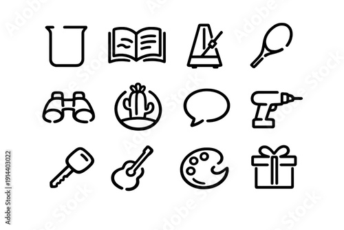 Set of minimalist black line icons featuring various objects like a book, binoculars, guitar, and gift box on a white background