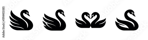 Swan silhouettes in various poses, flat vector illustration