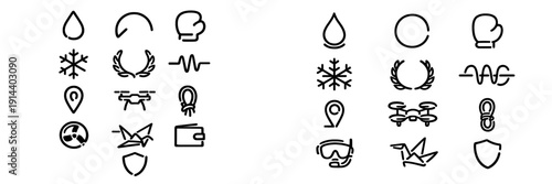 Collection of black line icons featuring water drop snowflake location pin boxing glove drone origami crane and shield on white background