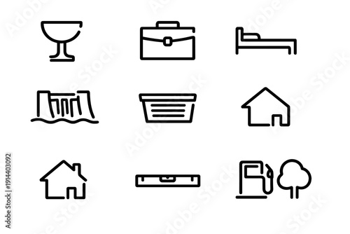 Set of simple black line icons representing various categories including home business travel and nature on white background