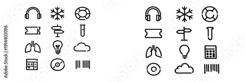 Set of black line icons featuring headphones snowflake lifebuoy ticket signpost test tube lungs lightbulb cloud calculator disc and barcode