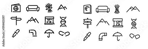 Collection of minimalist line icons representing travel nature science and lifestyle objects on white background