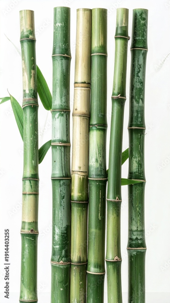 Fototapeta premium Arrangement of Green Bamboo Canes Against a White Background in Studio Light