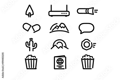 Collection of simple black line icons including mountains cactus passport popcorn router and nature symbols on white background