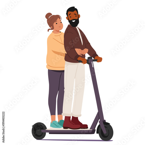 Casual man and woman couple riding electric scooter enjoying romantic dating activity outdoor