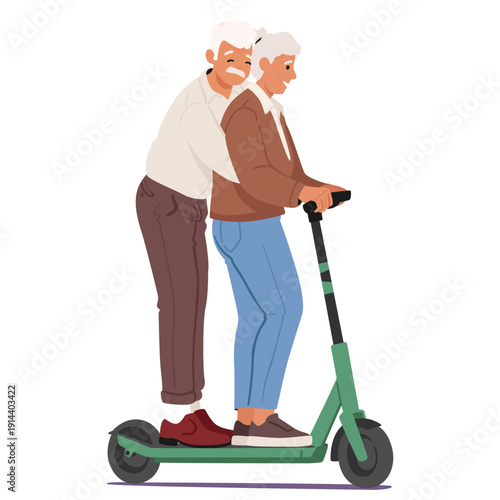 Senior couple characters riding electric scooter together enjoying eco-friendly urban transportation