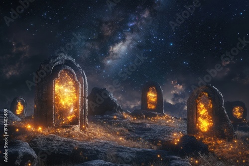 Enchanting glowing gateways under a starry night sky in an otherworldly landscape