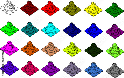 Isometric gear and arrows icon set in various colors isolated on a transparent background process management cycle flat vector illustration