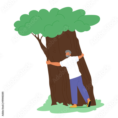 Happy man cartoon character hugging wide tree trunk expressing joy and connection with nature