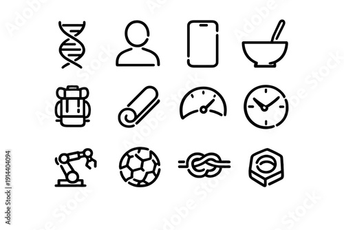Set of minimalist black line icons representing science technology lifestyle sports and industry on white background