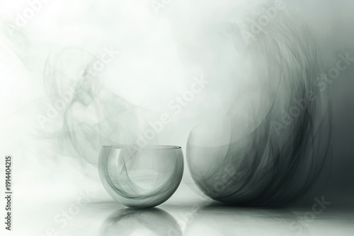 Swirling smoke effect around a glass bowl creates an ethereal atmosphere in soft light