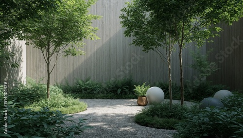 Green Space With Plants and Gravel Path During Daytime in a Modern Garden Set...