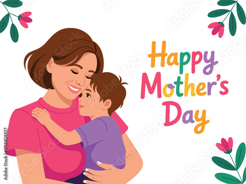 Mother holds her young son closely while both smile sweetly in a loving embrace illustration.