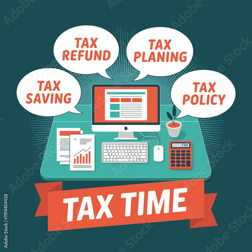Tax time concepts surround a desktop computer setup with paperwork and a calculator device.