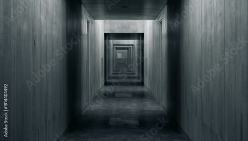 Long Hallway With Many Doors in a Building at Night With Soft Lighting and Gr...