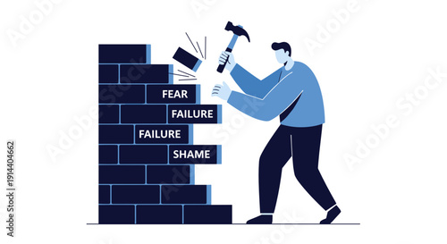 Man breaking down wall of fears with hammer in abstract illustration  
