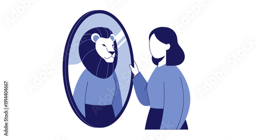 Woman looking at lion reflection in mirror in abstract style  