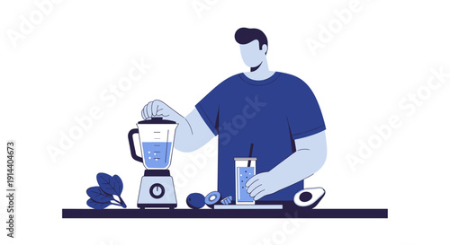 Man using blender to prepare smoothie with fresh ingredients on table  