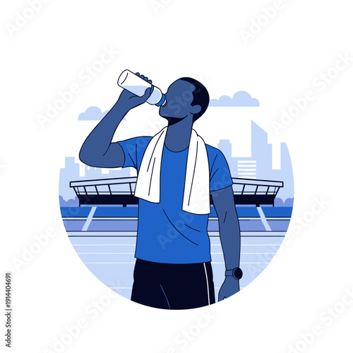 Male athlete drinking water while resting at sports stadium  