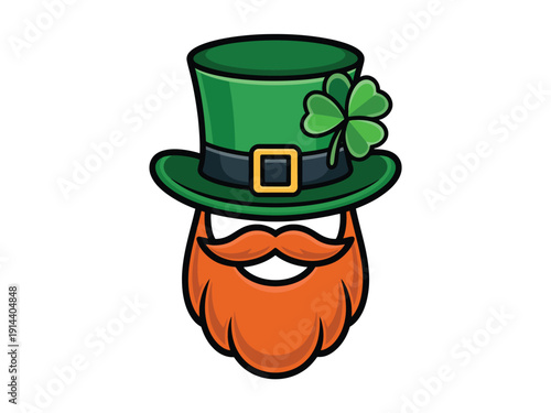 Leprechaun face illustration displays bright orange beard.