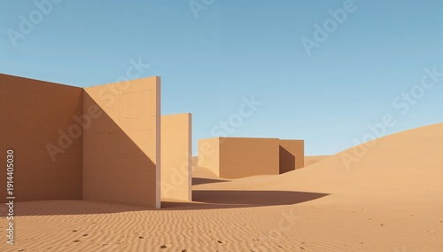 Sandy Landscape With Modern Structures Under Clear Blue Sky in a Desert Locat...