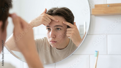 A young Caucasian man with brown hair examines his acne in a bathroom mirror. He is focused on his skin care routine, applying treatment to his face.