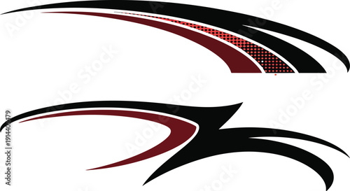Abstract dynamic sports car livery set with sharp aerodynamic swoosh shapes for motorcycle side stripes and fast motor performance branding designs.