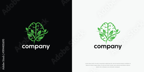 Green Organic Brain Logo with Leaves for Mental Health Growth  Natural Intelligence.