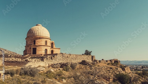 Historic Dome Structure Sits on a Hilltop With a Clear Sky in a Desert Landsc...