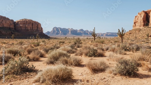 Desert Landscape With Cacti and Mountains Under Clear Blue Sky in Daylight