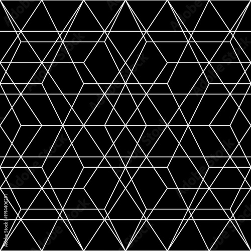 Mosaic. Crossing rhombuses, hexagons, triangles, lozenges, diamonds. Grid. Ancient ethnic motif. Geometric grate wallpaper. Parquet backdrop. Digital paper. Linear textile print. Seamless vector