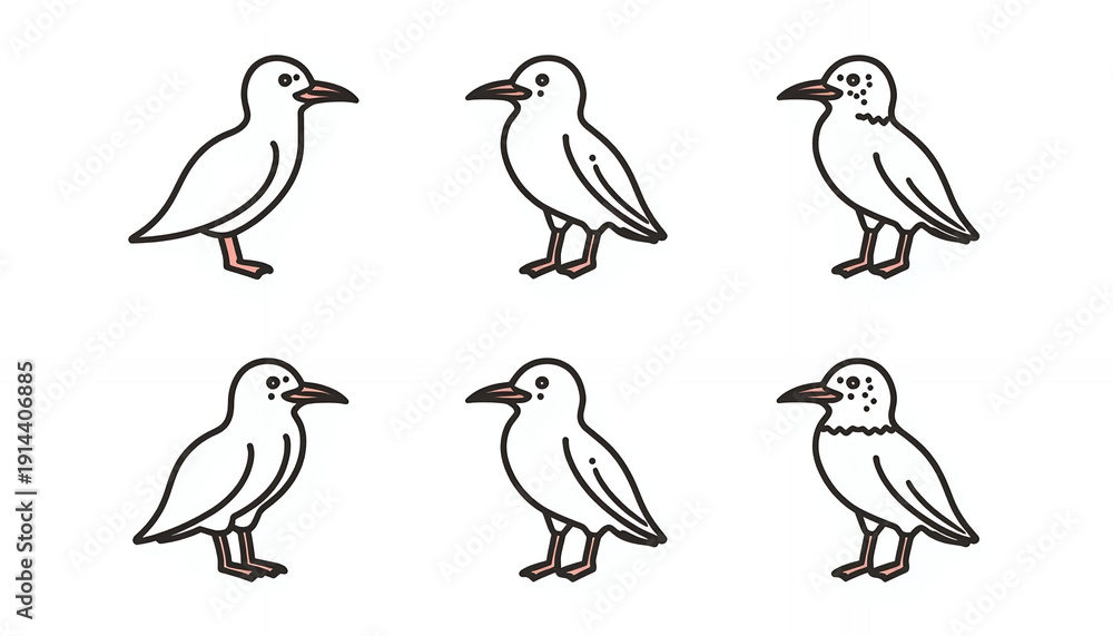 Fototapeta premium A group of cartoon seagulls standing in different poses on a white background