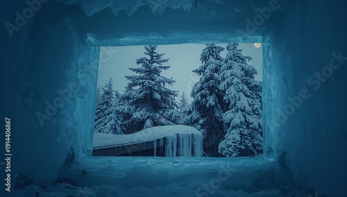 Snowy Landscape View Through an Icy Window at Dawn Near a Cabin