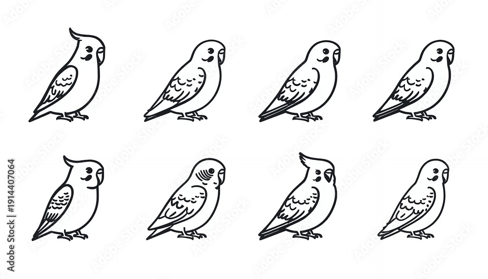 Obraz premium A group of cockatiels standing in different poses on a white background