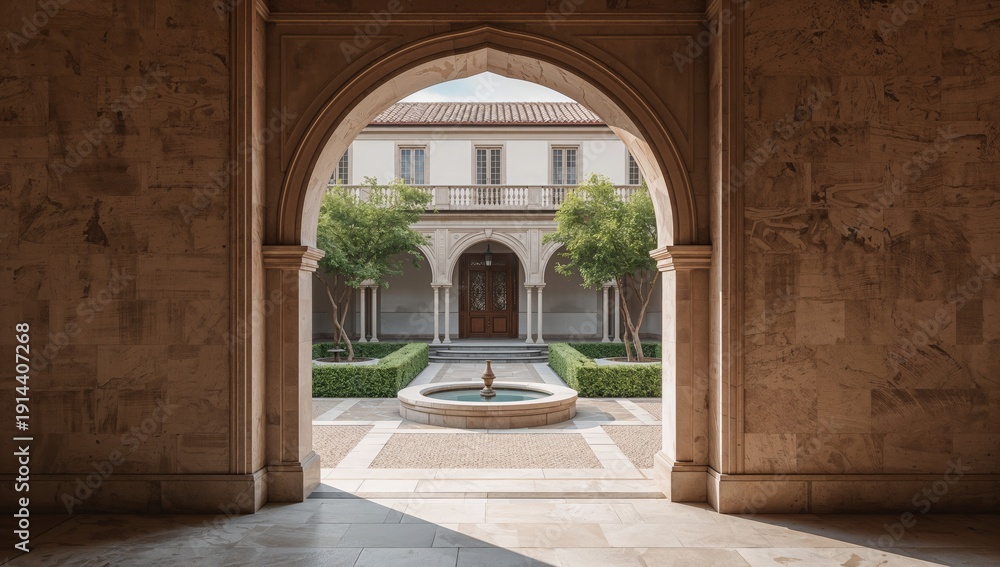 Fototapeta premium View From an Arch Showing a Courtyard With Tree and Fountain at a Building in Sunny Weather
