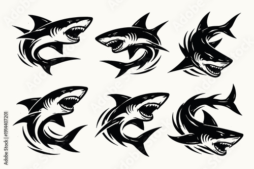 Collection of fierce shark mascot logos in dynamic poses. Black and white vector silhouettes for sports teams, fishing brands and tattoo designs.