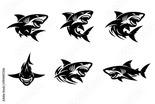 Dynamic shark mascot logo set in bold black vector style, featuring aggressive marine predators for sports teams, esports branding and tattoo design.