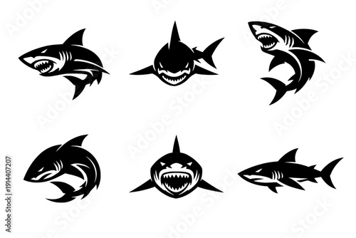Collection of shark logo silhouettes in bold black vector style, featuring aggressive marine predators for sports teams, esports branding and mascot design.